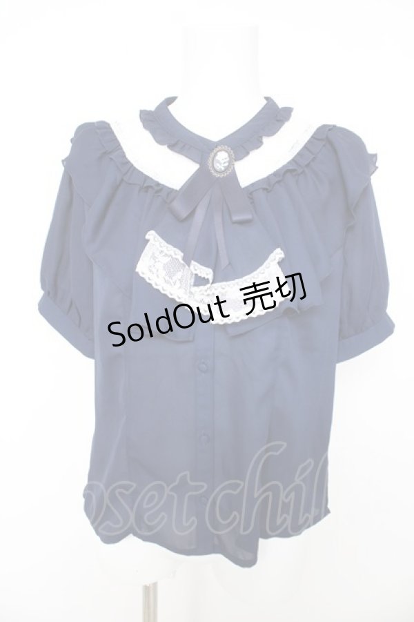画像1: axes femme / ジャボ付きレース×フリルブラウス M 紺 Y-26-02-15-099-AX-BL-SZ-ZY (1)