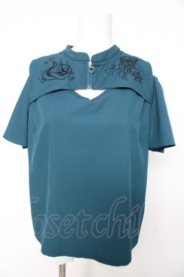 画像1: axes femme POETIQUE / ダークマリン肩開き刺繍ブラウス M グリーン Y-26-02-15-138-AX-BL-SZ-ZY (1)