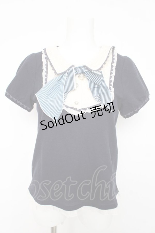 画像1: axes femme / リボン付きブラウス風プルオーバー M 紺 Y-26-02-15-158-AX-TO-SZ-ZY (1)