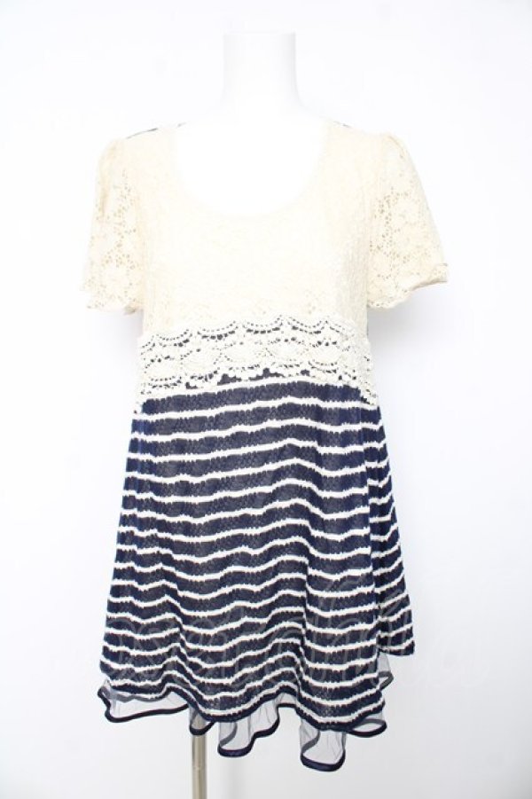 画像1: axes femme / ボーダー柄Ａラインチュニック M 紺 Y-26-02-15-167-AX-TO-SZ-ZY (1)