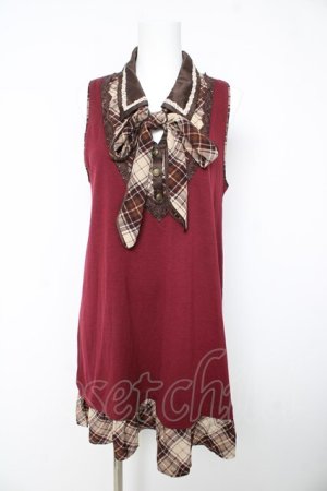 画像: axes femme / チェック柄リボン付チュニック M 赤 Y-26-02-15-176-AX-TS-SZ-ZY