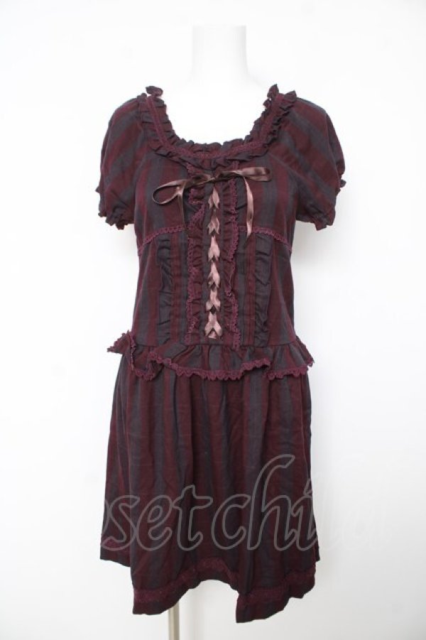 画像1: axes femme / チェックレースアップワンピ M ワイン Y-26-02-15-177-AX-OP-SZ-ZY (1)