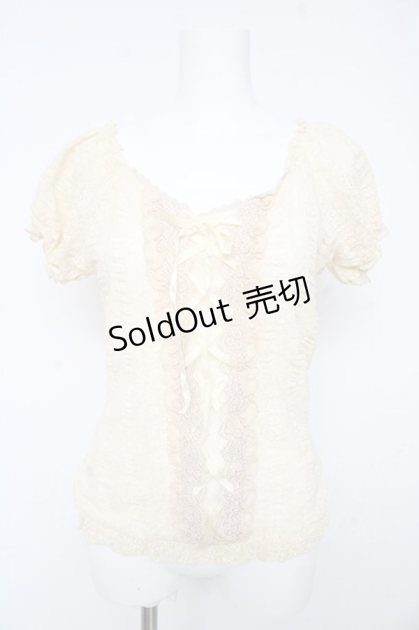画像1: axes femme / フロント編み上げレース半袖トップス Ｍ 生成り Y-26-02-15-027-AX-TO-IG-ZY (1)