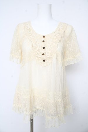 画像: axes femme / ドットチュールレーススリーブトップス M 生成り Y-26-02-15-030-AX-TO-IG-ZY