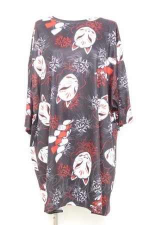 画像: ACDC RAG / 狐面と彼岸花半袖チュニックヒュージＴシャツ  黒 Y-26-02-17-057-PU-TO-SZ-ZY