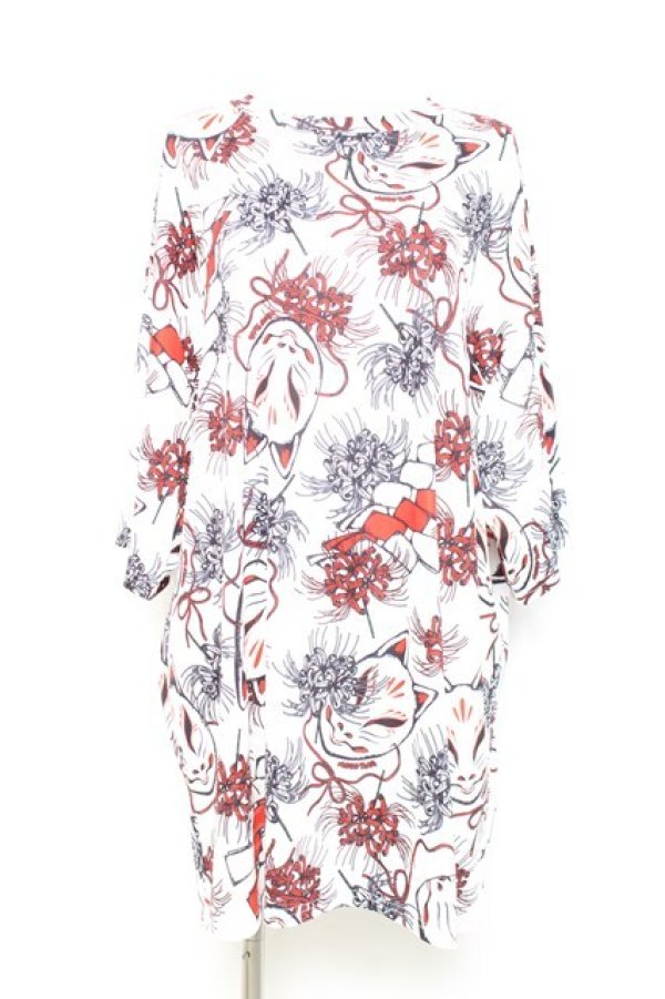 画像1: ACDC RAG / 狐面と彼岸花半袖チュニックヒュージＴシャツ  白 Y-26-02-17-058-PU-TO-SZ-ZY (1)