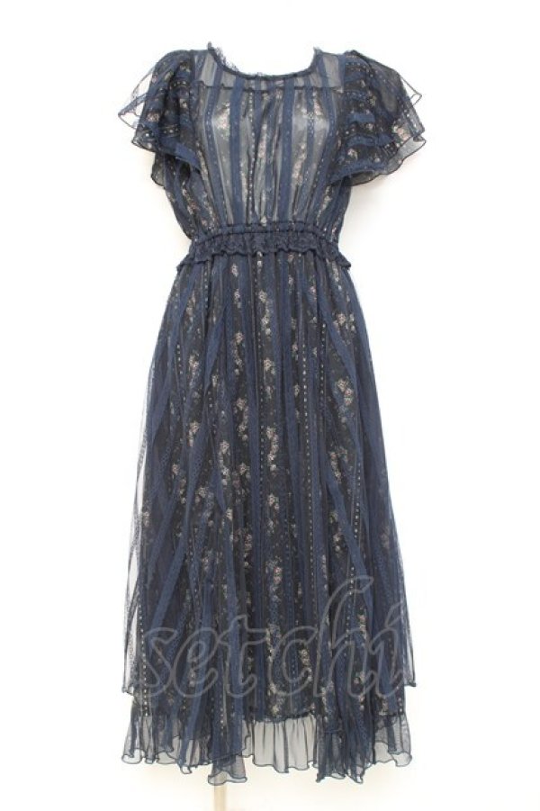 画像1: axes femme / 花ストライプ柄チュールワンピース M 紺 Y-26-02-17-089-AX-OP-SZ-ZY (1)