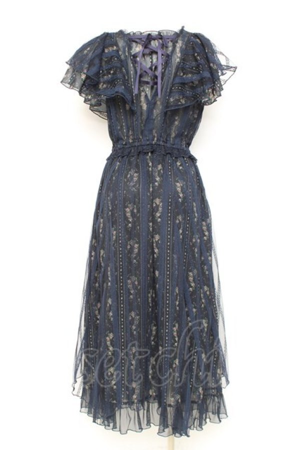 画像2: axes femme / 花ストライプ柄チュールワンピース M 紺 Y-26-02-17-089-AX-OP-SZ-ZY (2)