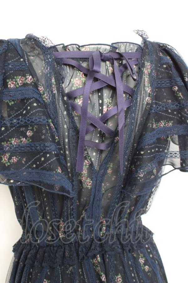 画像3: axes femme / 花ストライプ柄チュールワンピース M 紺 Y-26-02-17-089-AX-OP-SZ-ZY (3)