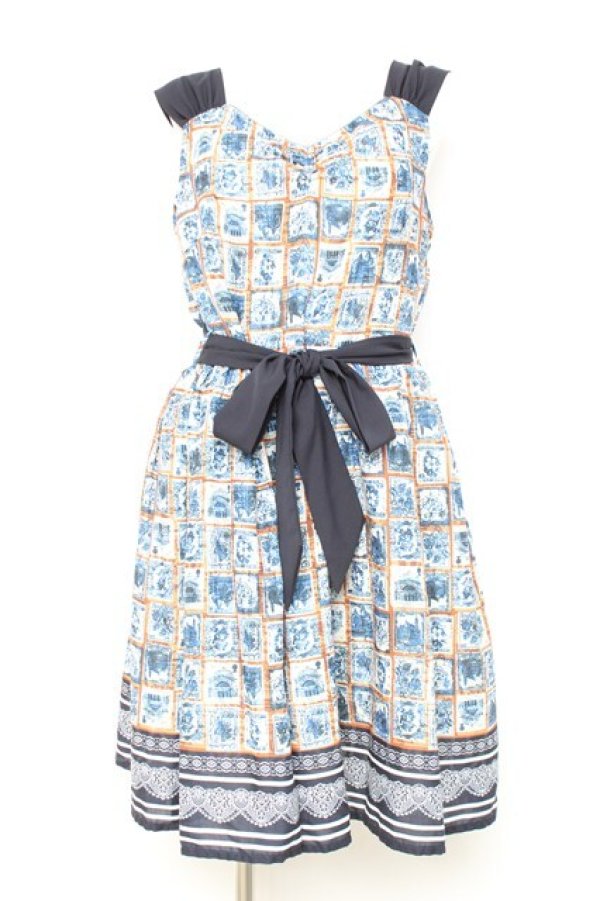 画像1: axes femme / 切手柄ワンピース M 紺 Y-26-02-17-093-AX-OP-SZ-ZY (1)