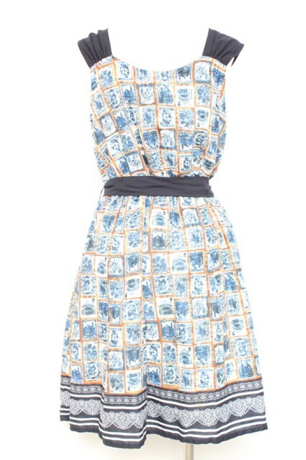 画像2: axes femme / 切手柄ワンピース M 紺 Y-26-02-17-093-AX-OP-SZ-ZY (2)