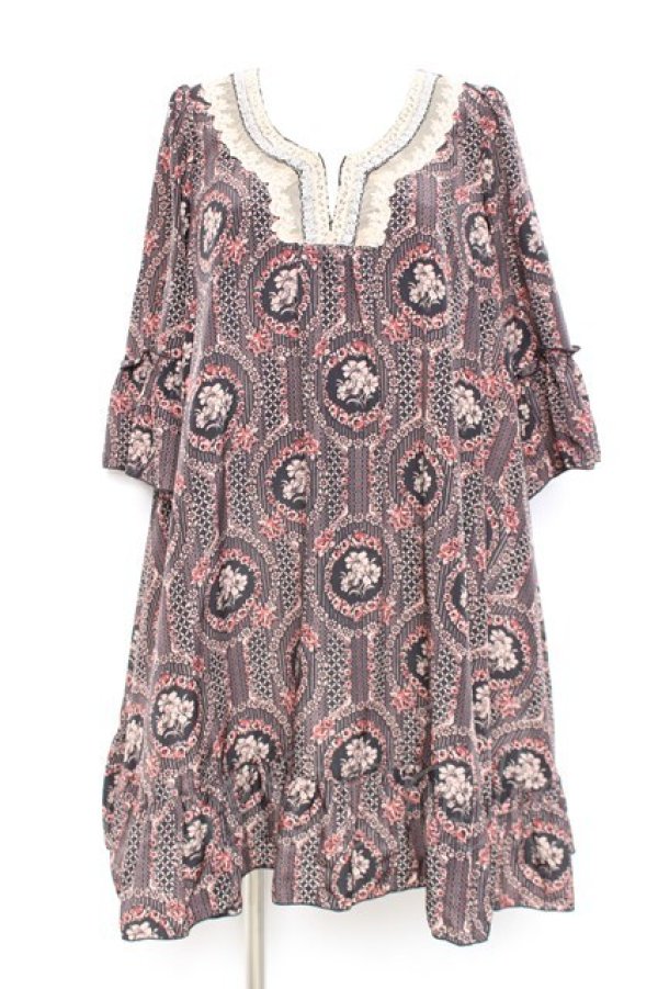 画像1: axes femme / ミュルーズ染織美術館 レトロ花柄チュニック M 黒 Y-26-02-17-111-AX-OP-SZ-ZY (1)