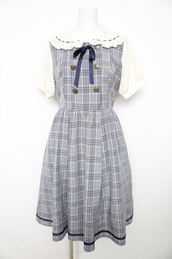 画像1: axes femme POETIQUE / ダブルボタンチェック半袖ワンピース M サックス Y-26-02-17-129-AX-OP-SZ-ZY (1)