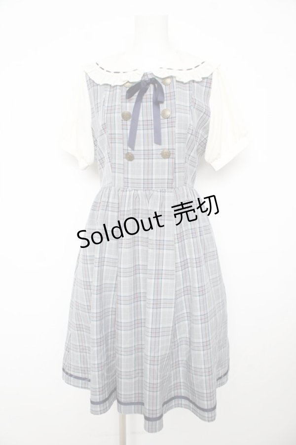 画像1: axes femme POETIQUE / ダブルボタンチェック半袖ワンピース M サックス Y-26-02-17-129-AX-OP-SZ-ZY (1)