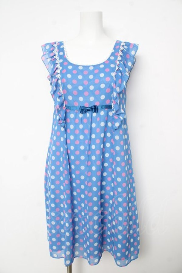 画像1: Emily Temple cute / ドットジョーゼットフリルノースリーブワンピース M ブルー Y-26-02-17-188-ET-OP-SZ-ZY (1)