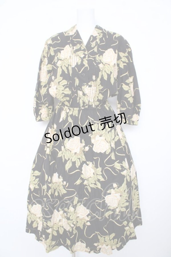 画像1: INGEBORG / 薔薇柄半袖開襟ワンピース F 黒 Y-26-02-17-213-LO-OP-SZ-ZY (1)