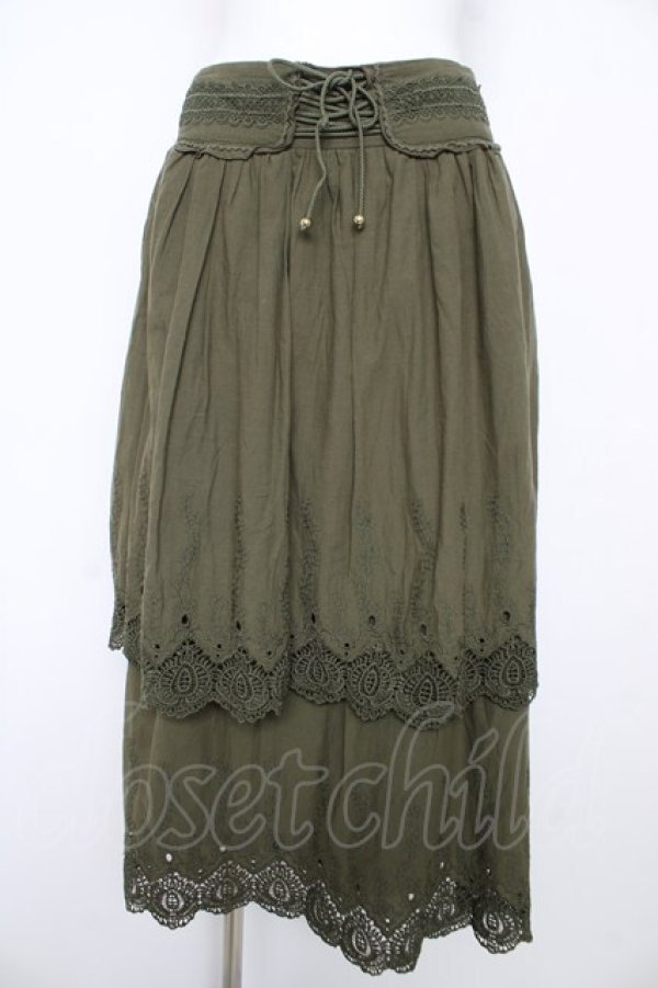 画像1: axes femme / 裾刺繍ティアードスカート M カーキ Y-26-02-17-245-AX-SK-SZ-ZY (1)