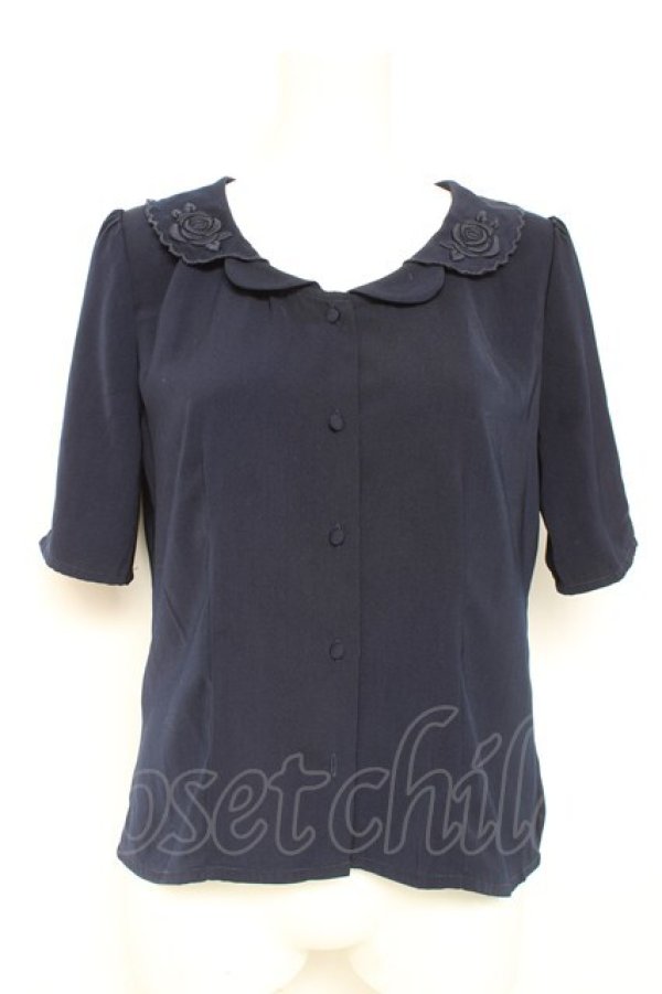画像1: an another angelus / ローズ刺繍開衿ブラウス F 紺 Y-26-02-19-074-CA-BL-SZ-ZY (1)