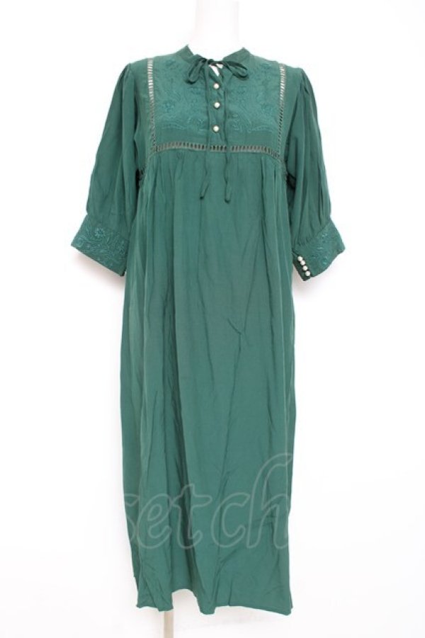 画像1: axes femme POETIQUE / フラワー刺繍エンパイアワンピース M グリーン Y-26-02-19-129-AX-OP-SZ-ZY (1)