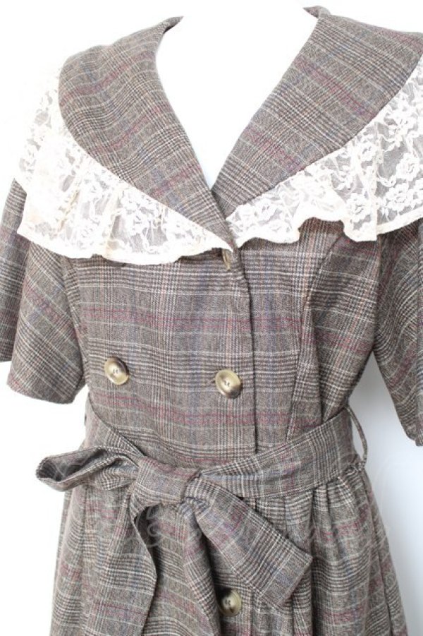 画像3: axes femme NOSTALGIE / W釦レース襟チェック柄ワンピース F 茶 Y-26-02-19-148-AX-OP-SZ-ZY (3)