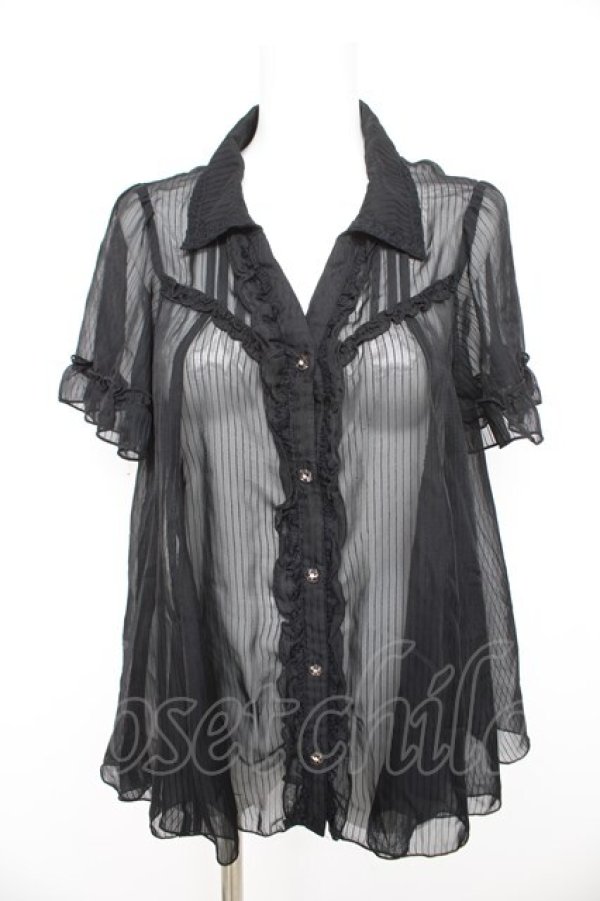 画像1: axes femme / シアーストライプフリルブラウス M 黒 Y-26-02-21-045-AX-BL-SZ-ZY (1)