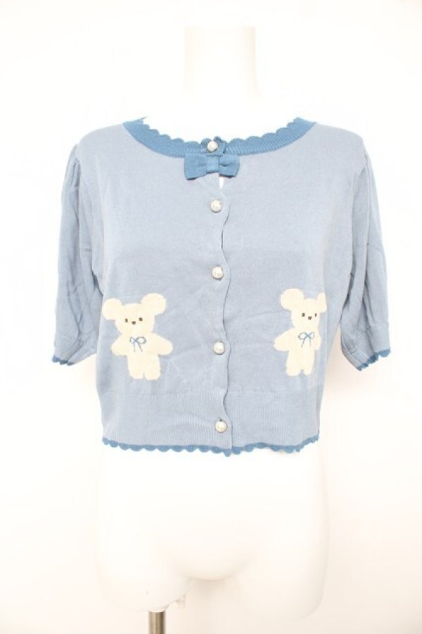 画像1: axes femme kawaii / クマ柄半袖ニットカーディガン M ブルー Y-26-02-21-067-AX-TO-SZ-ZY (1)