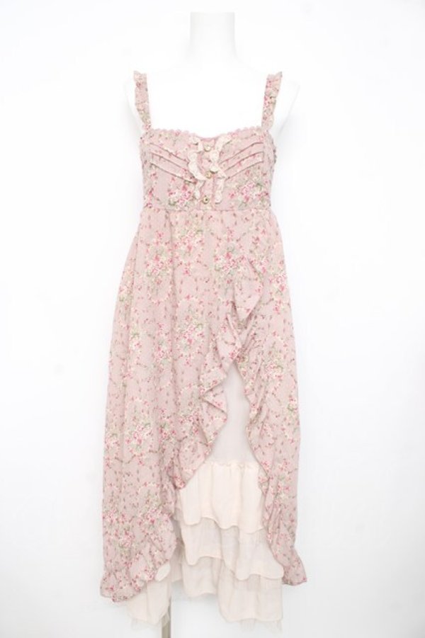 画像1: axes femme / スリット入りバラ柄ロングワンピース M 淡ピンク Y-26-02-21-103-AX-OP-SZ-ZY (1)