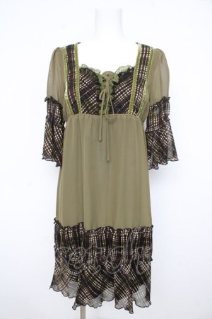 画像: axes femme / チェック切替チュニック M カーキ Y-26-02-21-107-AX-OP-SZ-ZY