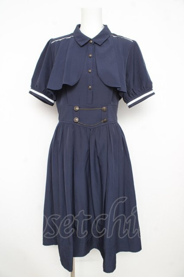 画像1: axes femme / ハイウエストフラシ半袖ワンピース  紺 Y-26-02-21-114-AX-OP-SZ-ZY (1)