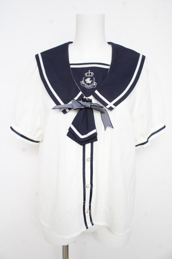画像1: Amavel / リボンエンブレムセーラーブラウス F 白 Y-26-02-21-010-CA-BL-SZ-ZY (1)