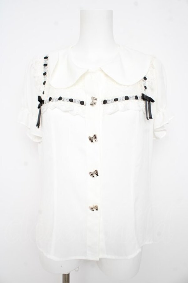 画像1: Ank Rouge / はしごレース配色ブラウス M 白 Y-26-02-21-013-CA-BL-SZ-ZY (1)