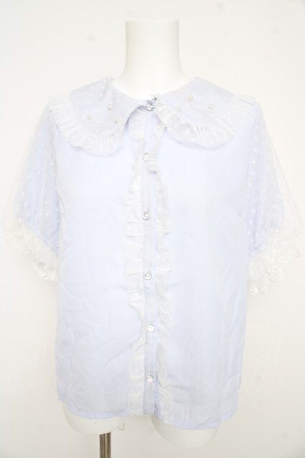 画像1: axes femme kawaii / ドットチュール半袖ブラウス M サックス Y-26-02-21-014-AX-BL-SZ-ZY (1)