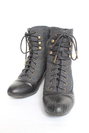 画像: an another angelus / 細レースアップツイードコンビブーツ M グレー Y-26-02-23-043-CA-SH-SZ-ZY