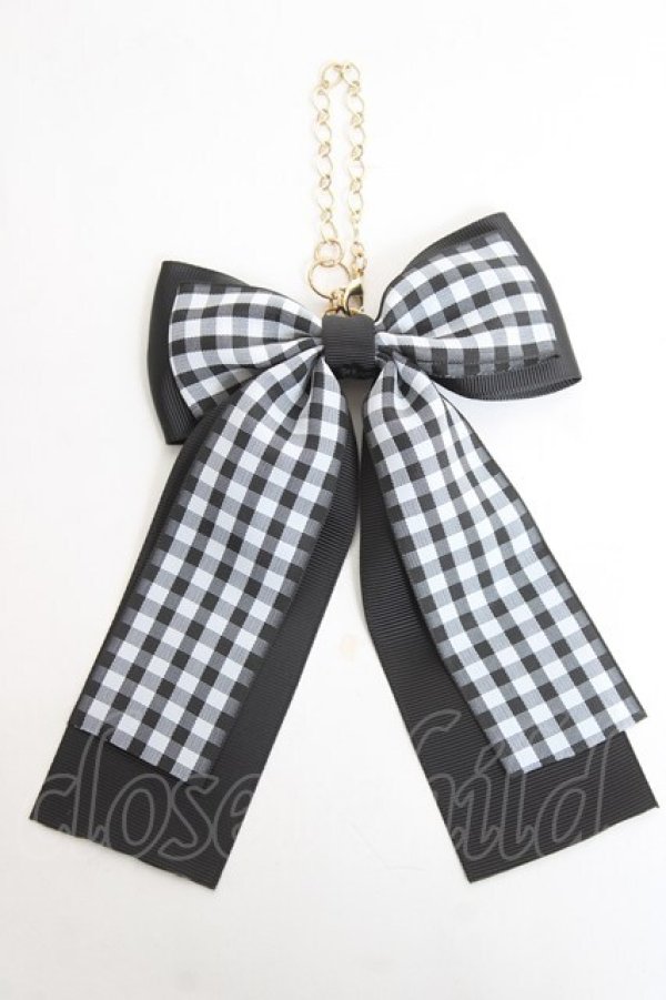 画像1: ｍ petit by misako / ギンガムチェックリボンバッグチャーム  黒 Y-26-02-23-009-LO-ZA-SZ-ZY (1)