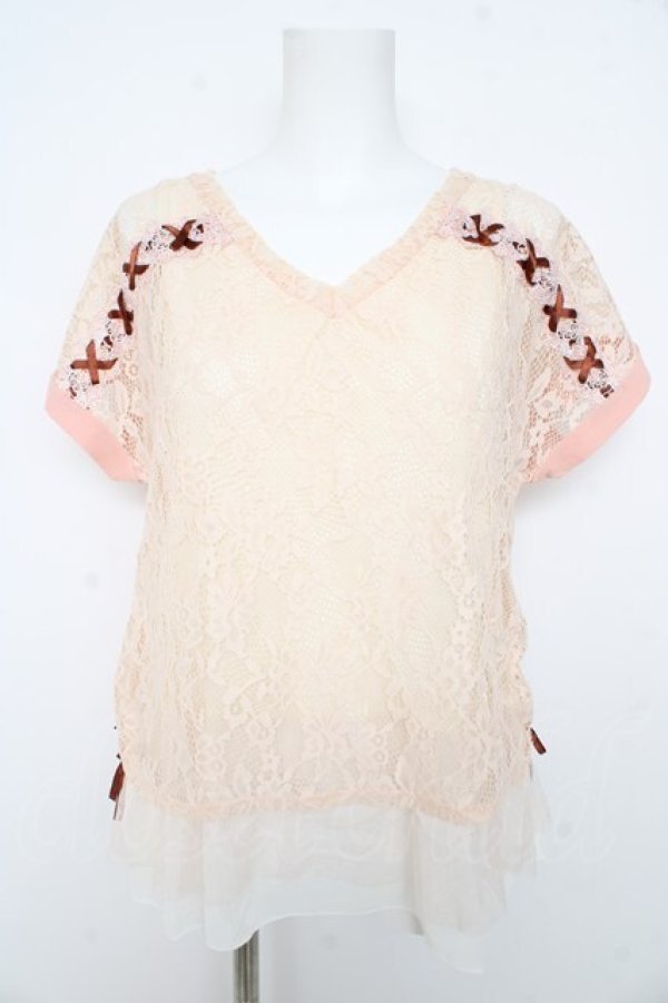 画像1: axes femme / 肩編み上げレイヤード風プルオーバー M アイボリー×ピンク Y-26-02-23-079-AX-TO-IG-ZY (1)