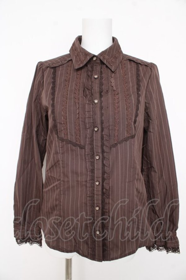 画像1: axes femme / 王冠ボタンストライプフリルブラウス  ブラウン Y-26-02-23-085-AX-BL-SZ-ZY (1)
