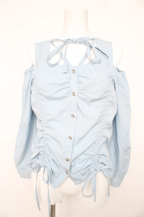 画像1: axes femme POETIQUE / ドロストデザイン肩あきブラウス M サックス Y-26-02-23-102-AX-BL-SZ-ZY (1)