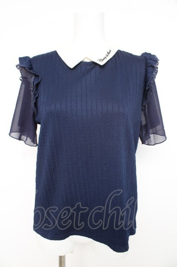 画像1: axes femme / 刺繍襟半袖トップス M ネイビー×オフシロ Y-26-02-23-104-AX-TO-IG-ZY (1)