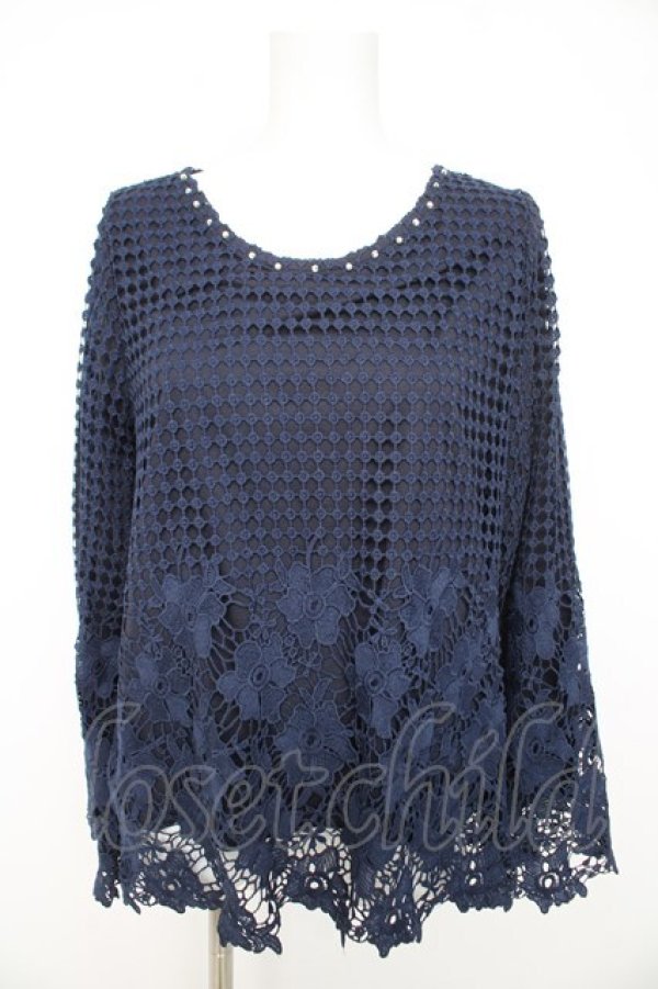 画像1: axes femme / お花レース重ねトップス M 紺 Y-26-02-23-106-AX-TO-SZ-ZY (1)