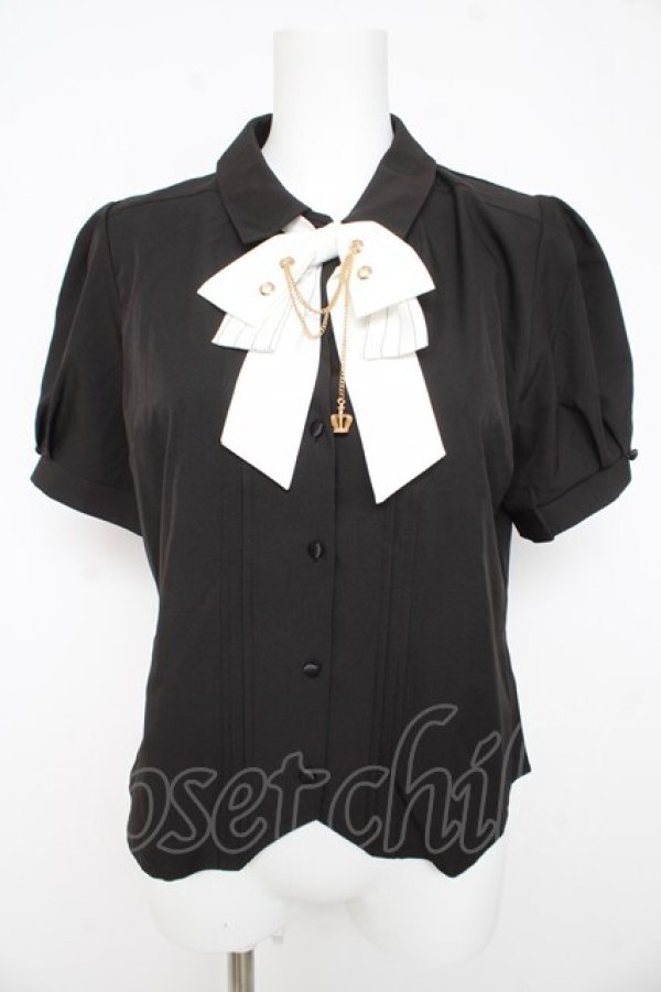 画像1: axes femme / ハトメ×チェーン付リボンブラウス  黒 Y-26-02-23-110-AX-BL-SZ-ZY (1)