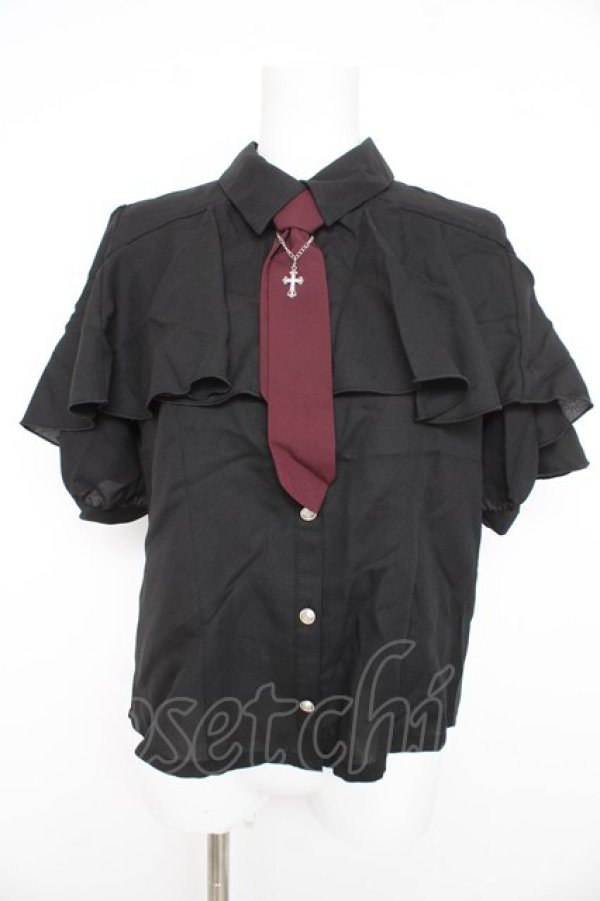 画像1: axes femme POETIQUE / タイ付ラッフルフリル半袖ブラウス  黒 Y-26-02-23-113-AX-BL-SZ-ZY (1)