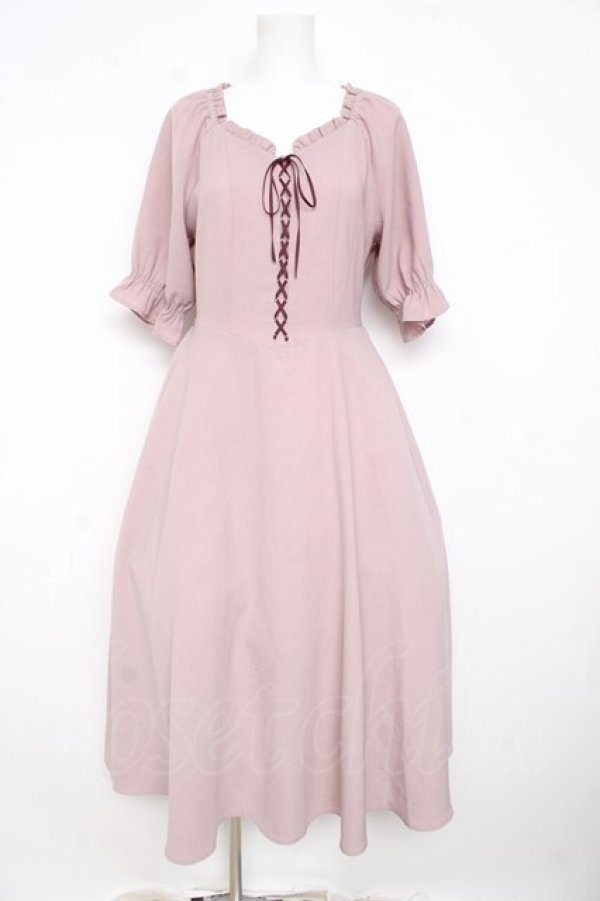 画像1: F&A / フロントレースアップパフスリーブワンピース  ピンク Y-26-02-23-188-LO-OP-SZ-ZY (1)