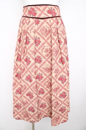 画像: an another angelus / ヴィンテージローズタイツ柄タックスカート  ベージュ×レッド Y-26-02-23-225-CA-SK-SZ-ZY