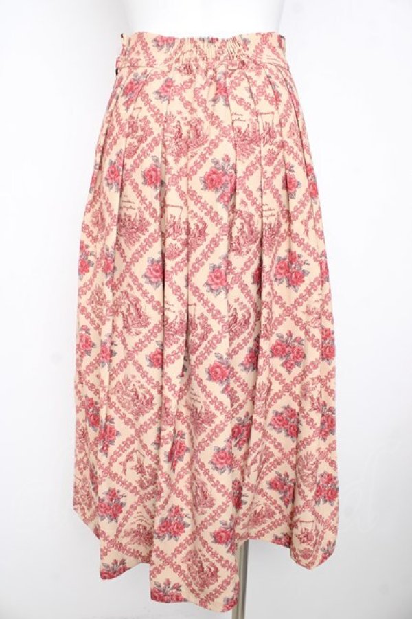 画像2: an another angelus / ヴィンテージローズタイツ柄タックスカート  ベージュ×レッド Y-26-02-23-225-CA-SK-SZ-ZY (2)