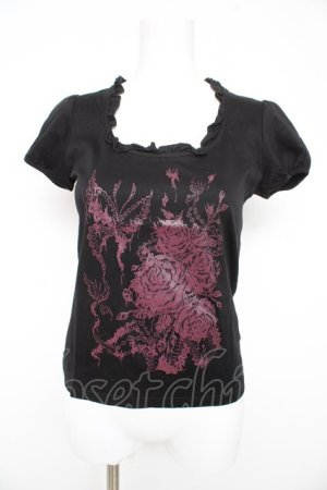 画像: BPN / バラｘ蝶プリント半袖カットソー  黒 Y-26-02-27-054-GO-TO-SZ-ZY