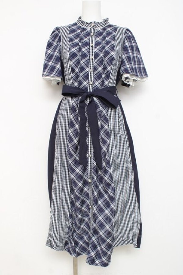 画像1: axes femme / チェック切替パッチワークワンピース  ネイビー Y-26-02-27-108-AX-OP-SZ-ZY (1)