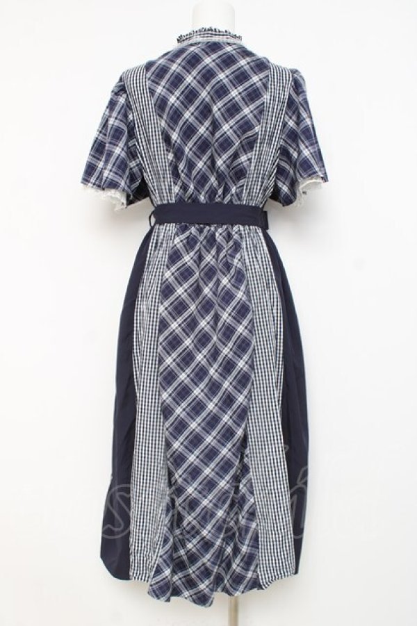 画像2: axes femme / チェック切替パッチワークワンピース  ネイビー Y-26-02-27-108-AX-OP-SZ-ZY (2)