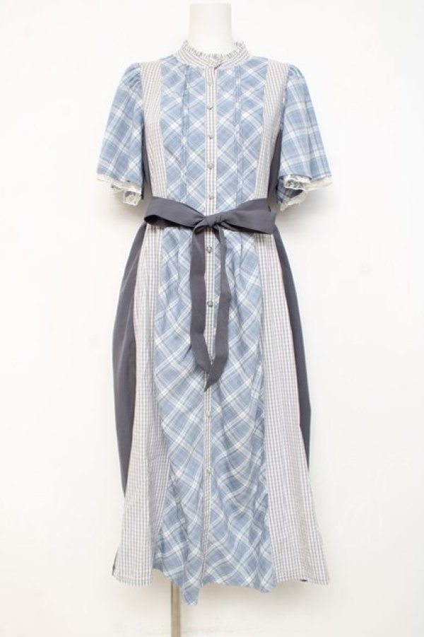 画像1: axes femme / チェック切替パッチワークワンピース F サックス Y-26-02-27-109-AX-OP-SZ-ZY (1)