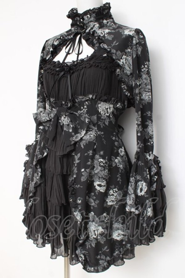 画像2: MARBLE / 姫袖ボレロ付き配色切り替えデコラティブワンピース  グレーバラ柄ワンピース×黒ボレロ Y-26-02-27-166-GO-OP-IG-ZY (2)