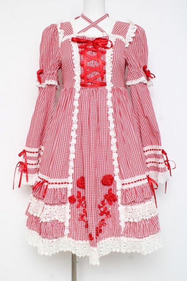 画像1: BABY, THE STARS SHINE BRIGHT / ギンガムチェック巻きバラドールワンピースセット  えんじ Y-26-02-27-178-BA-OP-IG-ZY (1)